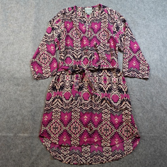 Anthropologie Dress Womens Small Pink Frequencies Shirt Mini Belted Ikat Maeve - Picture 2 of 10